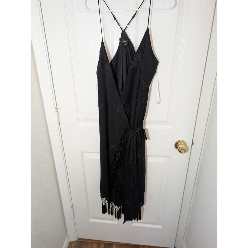 Lulus‎ Fun Affair Black Floral Embroidered Tassel Wrap Midi Dress  S
